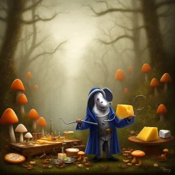 A Plague Doctor (AND) a Mouse having a port & cheese party in a forest of mushrooms by a river, art by Pixar and Disney