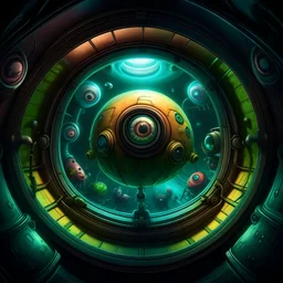 on the ceiling of a spaceship a large porthole with a glass dome, several aliens stare at us from the porthole, behind them in the background, alien navigation instruments, reflections in the glass, big eyes, multi color, tentacles, gloomy , roswel