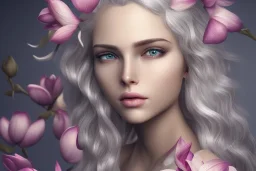 femme long cheveux blond blancs grands yeux bleus , 8k resolution, flower magnolia lotus rose, beautiful portrait, 8k resolution, flower head and body, beautiful star