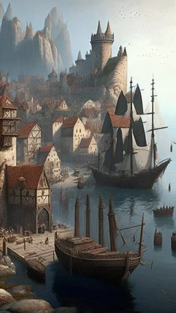 medieval gothic town with a large harbour with piers and small ships and figures, cliffs to rear