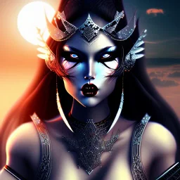 black long hair lady warrior top black eyes under the Moon