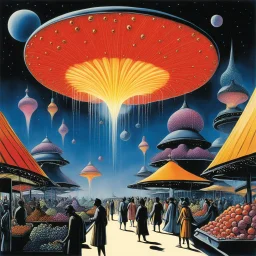 [illustration by Jean-Claude Mézières (1967)] Alien Markets, where the bustling stalls overflow with exotic goods and creatures from distant galaxies. Here, the air is filled with the scent of sizzling plasma fruits, a delicacy coveted by the tentacled Trilaxians. Vendors peddle shimmering energy crystals that pulse with unknown power, sought after by the mysterious beings of the Nebula Cluster. Tools crafted from the rarest metals mined from the asteroid belts are bartered for by the mechanical