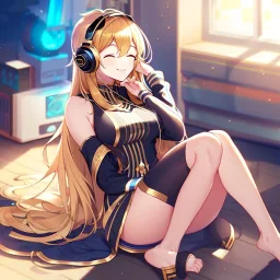 girl, masterpiece, best quality, volumetric lighting, detailed outfit, perfect eyes, golden hair, long hair, closed eyes, headphones on head, listening to music, smile, sitting, indoors, god rays, legs up to chest,