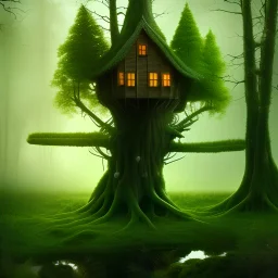 A house in a tree, hyperrealistic, forest bacground, photography, faery
