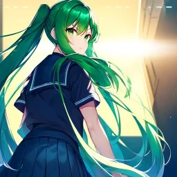 girl, masterpiece, best quality, volumetric lighting, detailed outfit, perfect eyes, long hair, green hair, green eyes, twin ponytail, school outfit, angry, looking back,