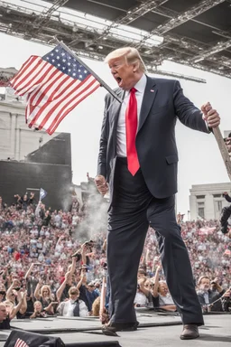 donald trump burns the american flag while maniacally laughing