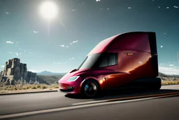 A Tesla 'Semi' (semi truck) is going at a high speed, near the 'Devils Tower' in Wyoming. (CINEMATIC, WIDE ANGLE LENS, PHOTO REAL)