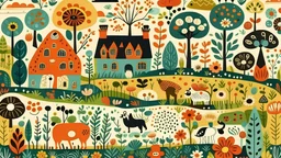 A whimsical illustration of a countryside with animals and flowers, by a folk artist, with a simple and playful style, full of nostalgia and warmth