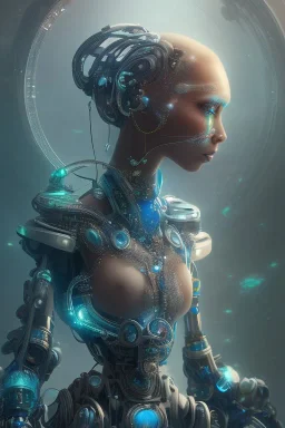 portrait,beautiful african robotic sirene, post-apocalyptic in a cyberpunk city, realistic, intriacte detail, sci-fi fantasy style, volumetric lighting, particales,highly detailed,cinematic, deep blue.