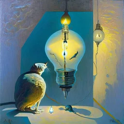 Abstract painting formed by a mix of human flesh-like surgical instruments and universe-like neuralink, a cat looking at a pigeon inside a huge bulb between light and shadow at dusk,surrealism,minimalism,Painting By Adrian Ghenie, Rene Magritte, Salvador Dali, Lucian Freud