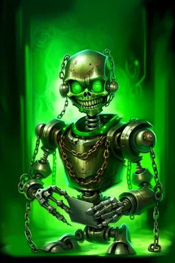 book illustration, oil painting portrait of metallic green faced slightly cute smirking robot vampire holding small earth in chain, bokeh , high detail, smooth render, prize winning