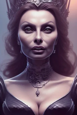 Sophia Loren as evil queen in black leather, cleavage, angry, stern look. character design by cory loftis, fenghua zhong, ryohei hase, ismail inceoglu and ruan jia. unreal engine 5, artistic lighting, highly detailed, photorealistic, fantasy