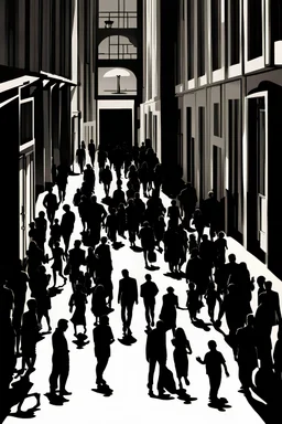 Silhouette of many people walking to a open door.