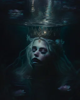 an ethereal portrait of a lonely queen submerged in dark waters with her back