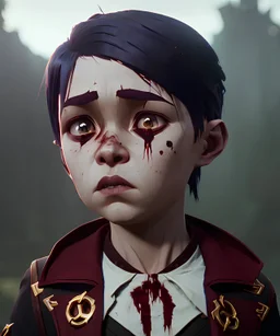 a fancy portrait of a child covered in blood by Greg Rutkowski, Sung Choi, Mitchell Mohrhauser, Maciej Kuciara, Johnson Ting, Maxim Verehin, Peter Konig, 8k photorealistic, cinematic lighting, HD, high details, dramatic, atmosphereric, trending on artstation