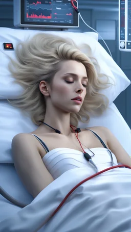 photorealistic hyperdetailed very small young woman with dirty blonde hair lying asleep on a hospital large bed with a heart monitor and iv lines attached fantasy