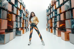 beautiful lady with todays modern clothing and sport shoes, in surreal stage made of fractal random size objects with helical strip colors in clothing similar to environment full body posing to camera,animating background metallic random color cubes