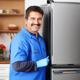 Refrigerator repairman is smiling and working on the big refrigerator