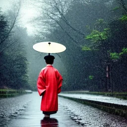 A man in old Japanese clothes is standing in nature while it is raining. It is winter. The man does not have an umbrella and a hat , high quality , high details , dream style , magic style ,