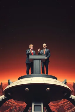 Trump and Mark Zuckerberg on spaceship podium in the style of Giger and Escher
