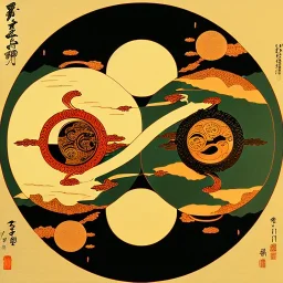 Ukiyo-e styled art, yin and yang sign, mountains and sun