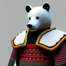 Un ours blanc, anthropomorphique, habillé comme un samurai, réaliste, très détaillé, représentation 3d, un maximum de détail