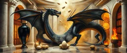 master oil painting by Escher and Giger, glaring vases and black humanoid reflective female dragon and hidden golden dragon inside marble hall library, cryptic eggs, sacred geometry, fire fog and steam border, fire elemental creature