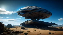 sleek cargo spaceship, built like a teardrop, landing in a wide empty ruined alien street, blue sky