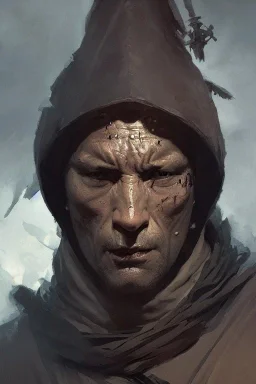 Portrait of a monk, grim, Frank Frazetta, Greg Rutkowski, hyperdetailed, dnd, trending on Artstation, Splash screen art, dynamic lighting, hyperdetailed, intricately detailed, a masterpiece, 8k resolution