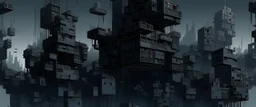 A dark gray digital realm with pixelated floating buildings painted by Francis Danby