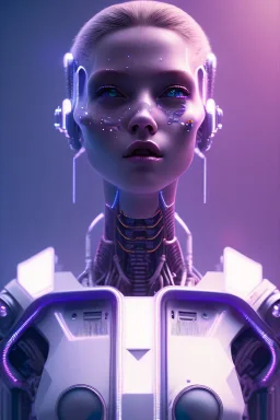 cyberpunk, head, robot, portrai, alone, high key lighting, volumetric light high details with white stripes and blue eye, smiling with plump pink lips, unreal engine petit prince belle fine, profil de trois quart, grand front cosmique, peau bleu cristalline