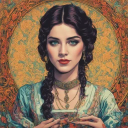 colored silkscreen print of a young French female fortuneteller , with highly detailed facial features ,in the style Ann Chernow, with a fine art aesthetic, highly detailed , realistic , 4k UHD cinegraphic quality