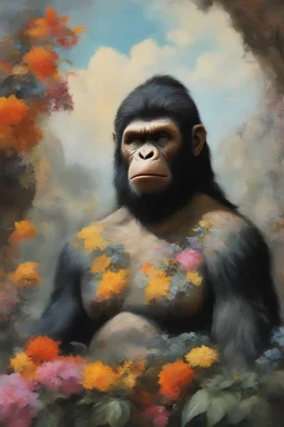 mugshot, Planet of the Apes, multicolored, large, floral designs, atmospheric, beautiful, China Doll, oil painting by Frank Frazetta, 4k UHD, Photorealistic, professional quality