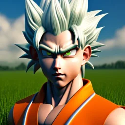 Son-goku with white hair in a green field, close-up, realistic, 3d, ray tracing,