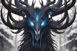 Venom Shadow symbiote in 8k realistic anime drawing style, Deer skull, non-eyes, blue neon crystal Antlers, dark fantasy snow forest, intricate details, highly detailed, high details, detailed portrait, masterpiece,ultra detailed, ultra quality