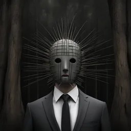 a man in a suit with pins sticking out of his head, digital art, inspired by Igor Morski, tumblr, standing in a dark forest, pinhead from hellraiser, wearing wooden mask, tom bagshaw style, wearing a plug suit, instagram photo, eraserhead, style of ade santora, gray anthropomorphic, no face mask, slipknot, shot with Sony Alpha a9 Il and Sony FE 200-600mm f/5.6-6.3 G OSS lens, natural light, hyper realistic photograph, ultra detailed -ar 3:2 -q 2 -s 750