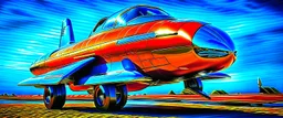 A national geographic award winning photograph of a military fighter jet station wagon wasp hybrid soviet retrofuturism designed by volkswagen only one vehicle per image painted metallic orange traveling at a high rate of speed, jet intake off of front center of vehicle and jet exhaust out the rear with bright blue flame