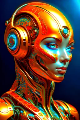 scifi fantasy illustration beautiful robot, in the style of realistic hyper-detailed portraits, dark white and orange, classicist portraiture, dark gold and aquamarine, realist detail, hard edge, technological marvels --ar 68:128 --stylize 750 --v 5. 2