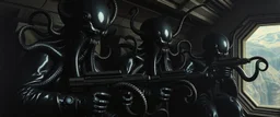 master oil painting by Rembrandt, black glistening slimy octopus insectoid Nephilim tribe trauma watchers commando in spaceship, in the style of Giger