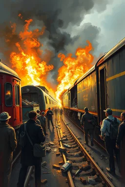 A train collided with another train causing chaos and fire people are dying in dramatic action view with oil paintings style of hard brush and high quality picture with high resolution 8k