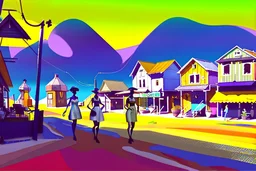 whimsical arafed nonsense, patchwork vibe, acrylic and ink painting of a cozy village main street on undulating hills with color (((minimal))) sketches of village people with (((extremely long limbs))), (((oversize head))), sharp color contrasts, amazing shadows, (((exaggerated limbs and head))), minimal cozy, warm palette, bright bold warm summer colors, color leak, sparse bright orange-red splinters, heavily distorted views, amazing parallels, amazing reflections