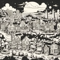 town crir, retro, draw, Steven Rhodes style, draw looking like illustration from children’s activity books from the 70s, black and white