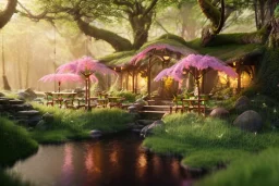 Magical fantasy elven cafe forest rivendell tree flower pink green yellow beautiful nature river moss sunlight