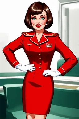 realistic cartoon style full body image of very feminine, dark brown haired 50 year old stewardess in red dress uniform with short bob cut and strong, seductive makeup, smoky green eyes, highly shiny white plastic gloves, big thick pouty bright red lips, who looks a lot like Marilyn Monroe as brunette