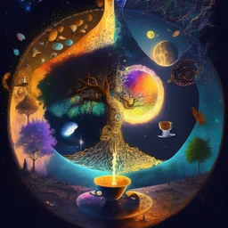 Cafe and psychedelic space. moon, sun, star, milky way, wind, soil, fire, water, waterfall, cup of coffee, light, superior sense, seven chakras, space of broken mirror, tree of life and man of light and love