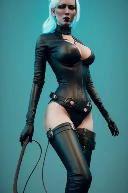 Lene Nystrøm as dominatrix in black leather, busty, cleavage, voluptuous, Aqua Lene, angry, stern look. character design by cory loftis, fenghua zhong, ryohei hase, ismail inceoglu and ruan jia. unreal engine 5, artistic lighting, highly detailed, photorealistic, fantasy