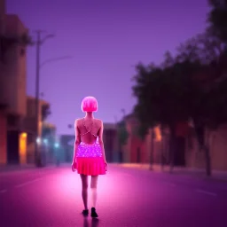 Beautiful lonely girl who walks along a street without people at dawn. You see her from behind. She wears very short yellow dress. She has short pink hair with glowing crystals. Full body, 8k resolution concept art. Professional Photo HD. Stylish. Warm vivid colors. Panoramic