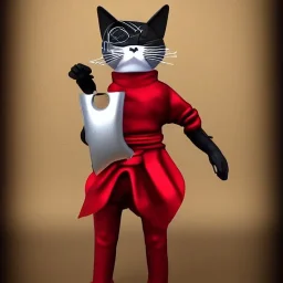 Chat, Modélisme trois dimensions, anthropomorphique, habillé comme un ninja, tenue très détaillée, argent, rouge sang, réalisme