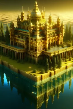 a golden school floating over water. with diamonds on top. The school sparkles. There are guards around the school with magical spears. The school is surrounded by a forest.
