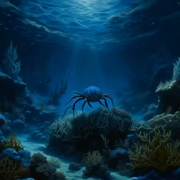 A dark blue underwater coral reef with crabs designed in Moroccan rug art painted by Ivan Aivazovsky